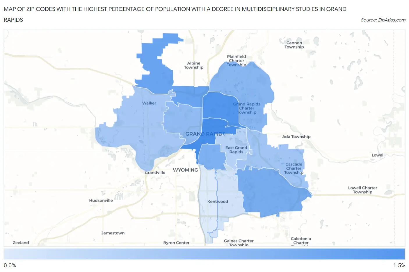 Zip Codes with the Highest Percentage of Population with a Degree in Multidisciplinary Studies in Grand Rapids Map