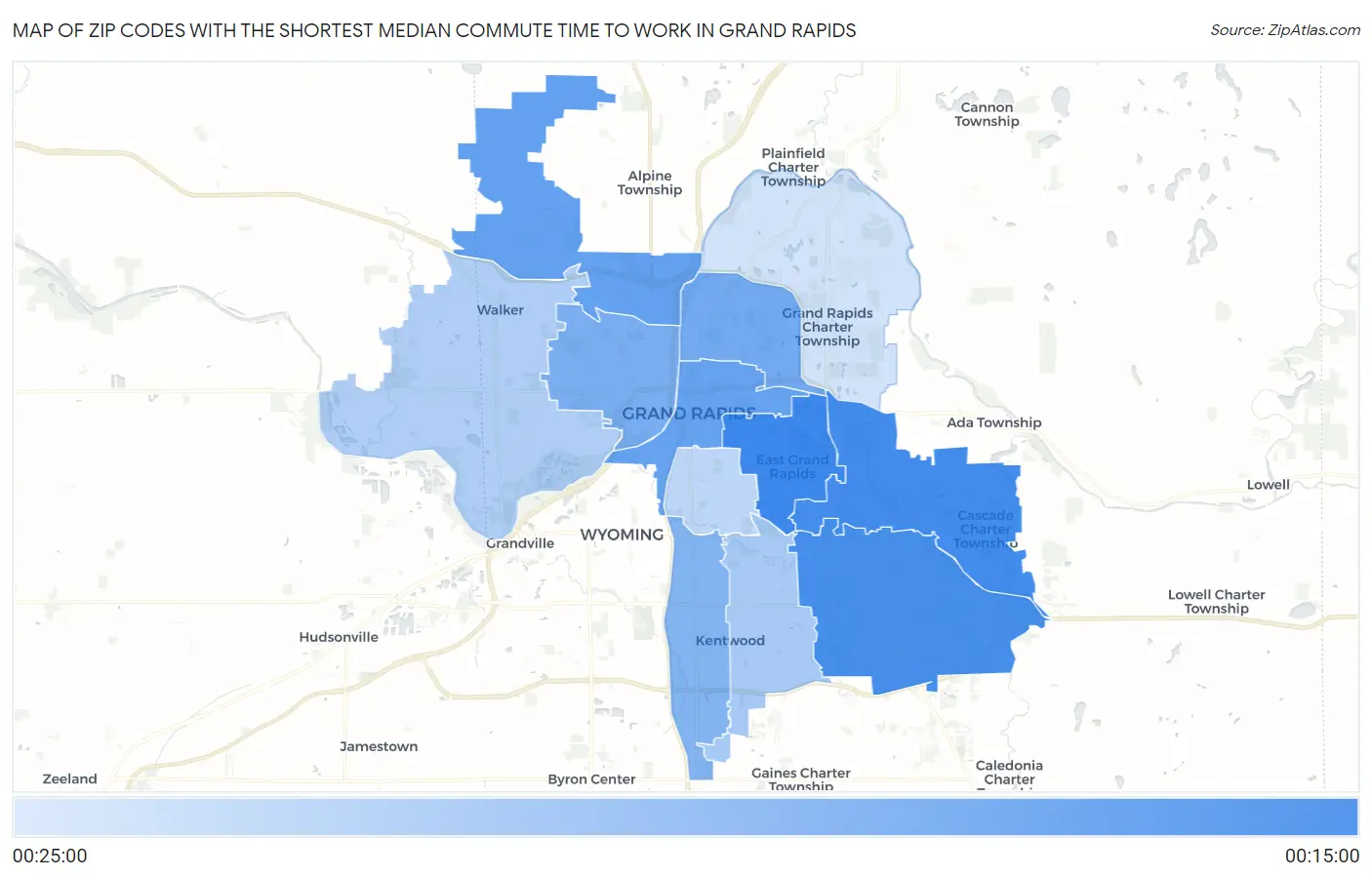 Zip Codes with the Shortest Median Commute Time to Work in Grand Rapids Map
