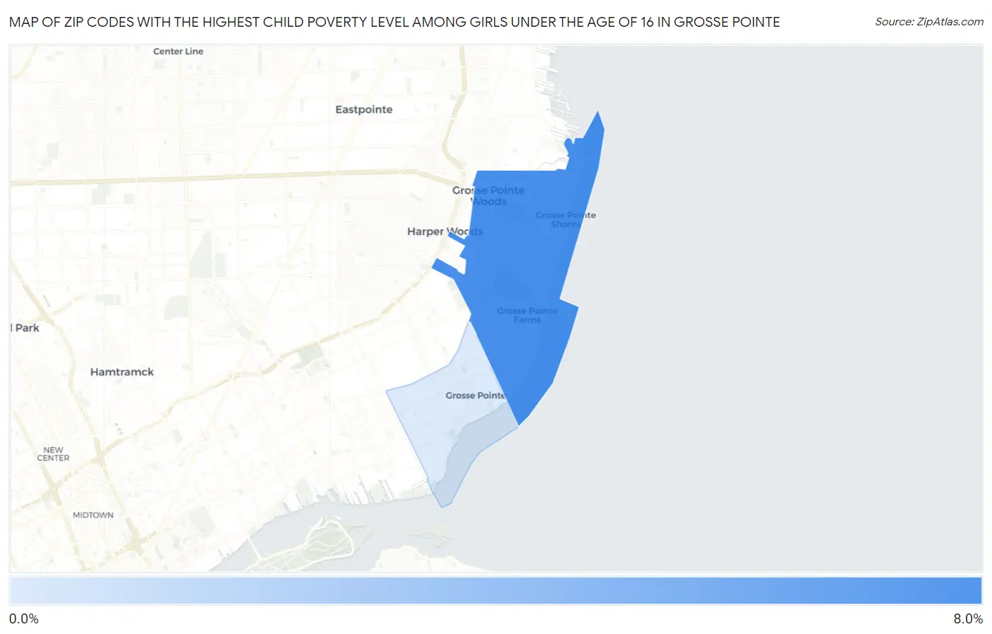 Zip Codes with the Highest Child Poverty Level Among Girls Under the Age of 16 in Grosse Pointe Map