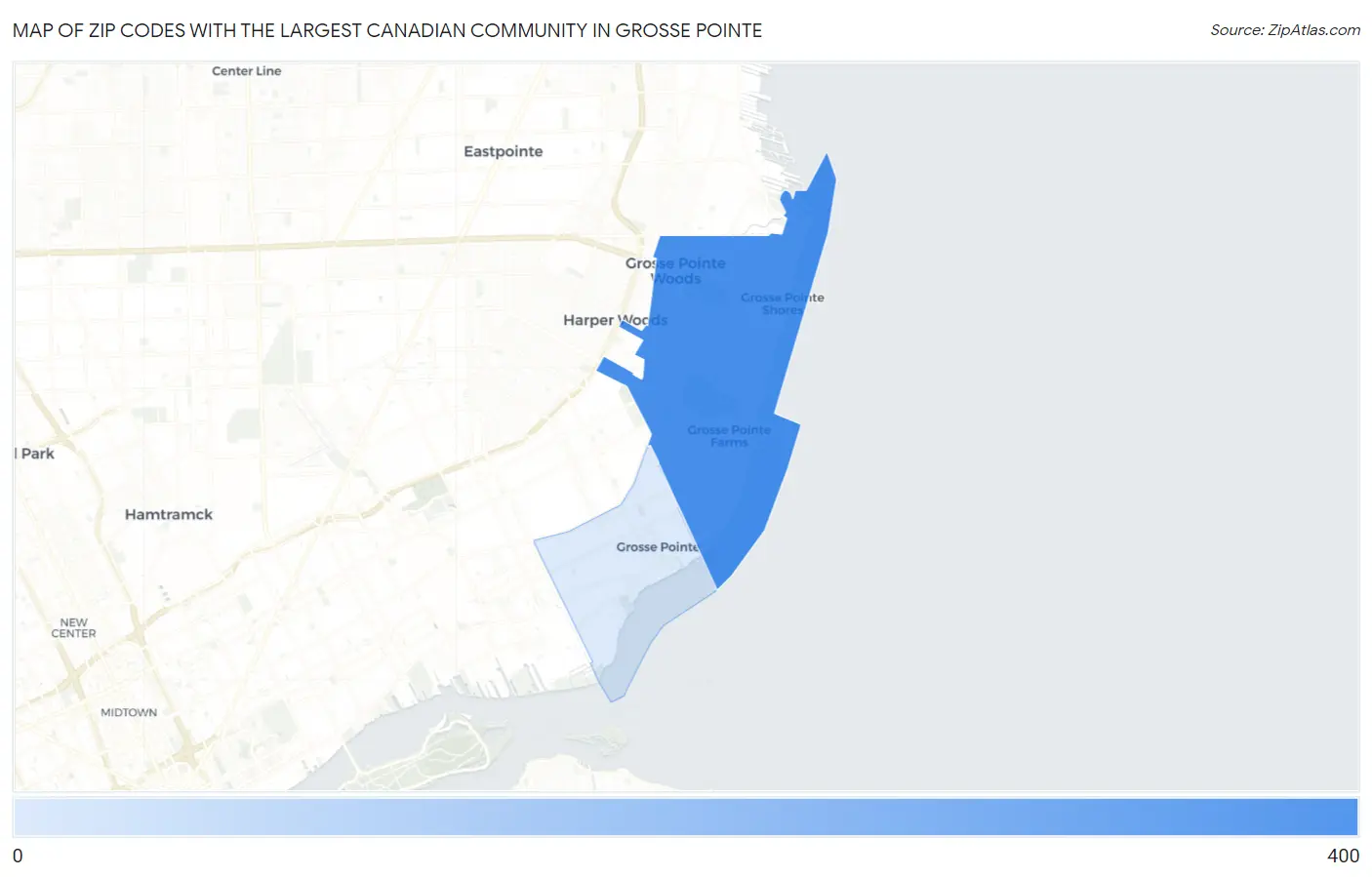 Zip Codes with the Largest Canadian Community in Grosse Pointe Map