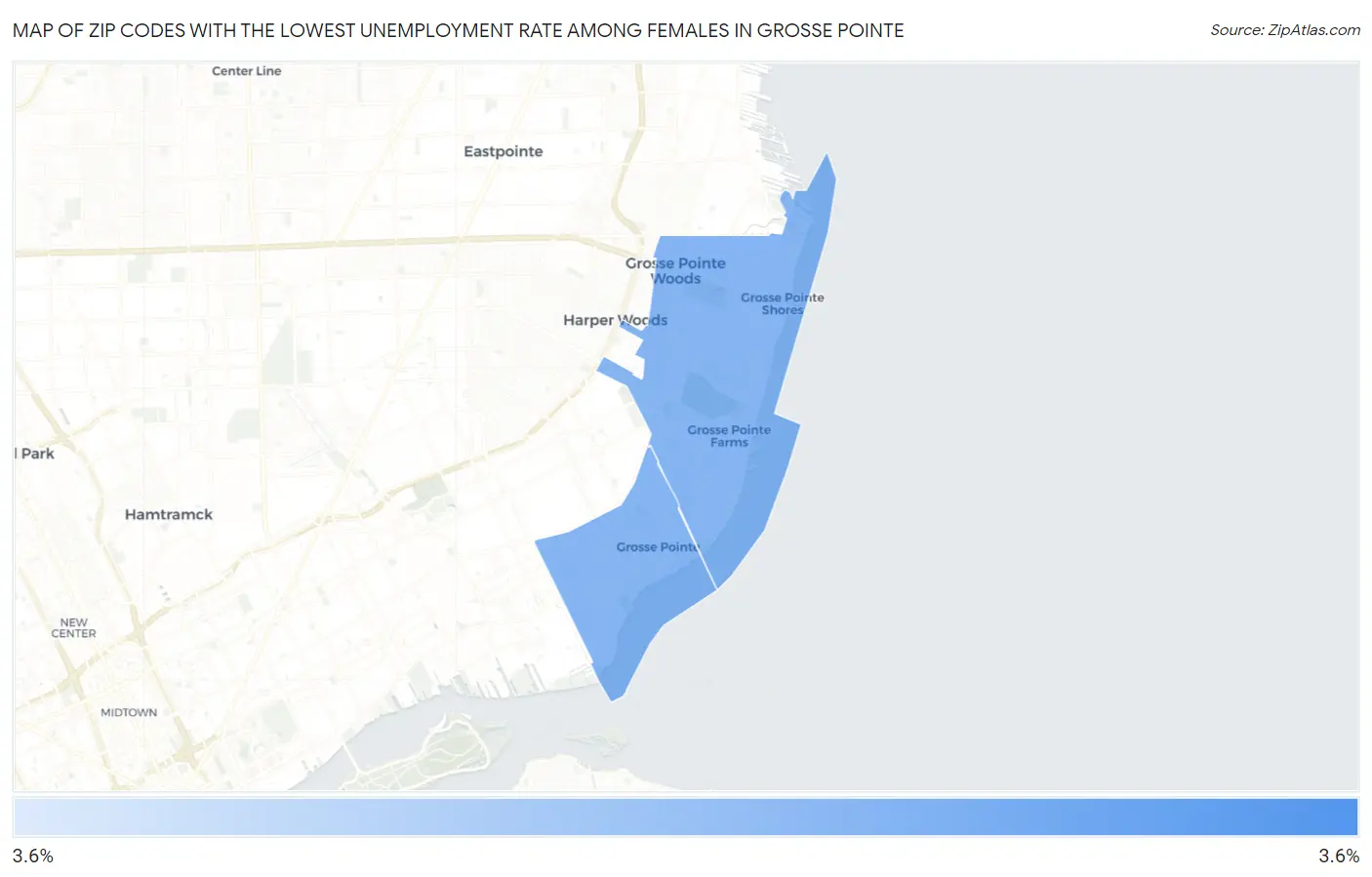Zip Codes with the Lowest Unemployment Rate Among Females in Grosse Pointe Map