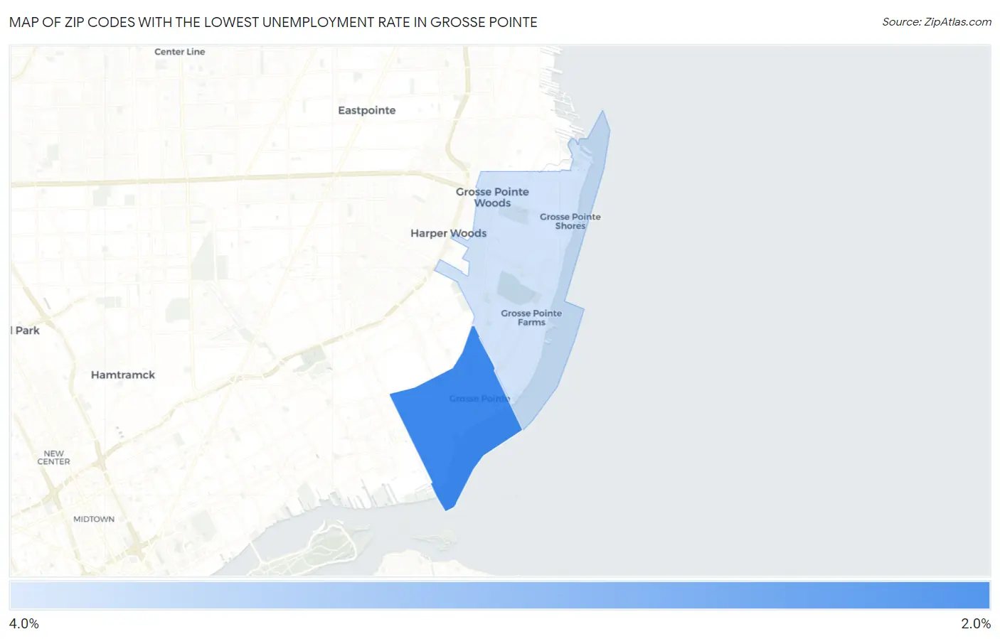 Zip Codes with the Lowest Unemployment Rate in Grosse Pointe Map