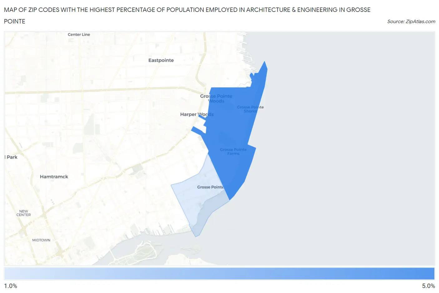 Zip Codes with the Highest Percentage of Population Employed in Architecture & Engineering in Grosse Pointe Map
