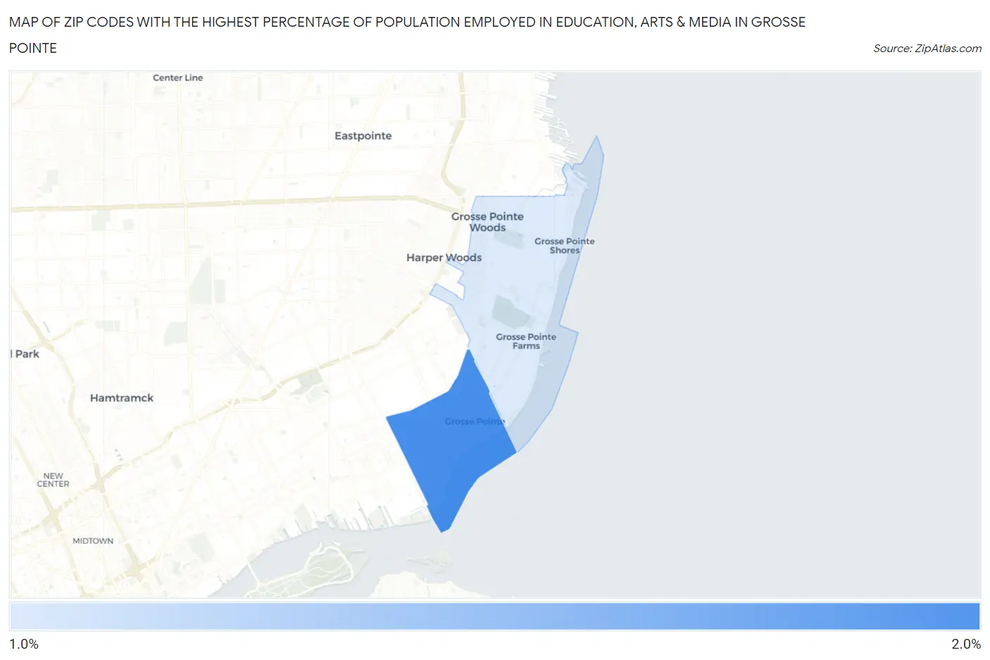 Zip Codes with the Highest Percentage of Population Employed in Education, Arts & Media in Grosse Pointe Map