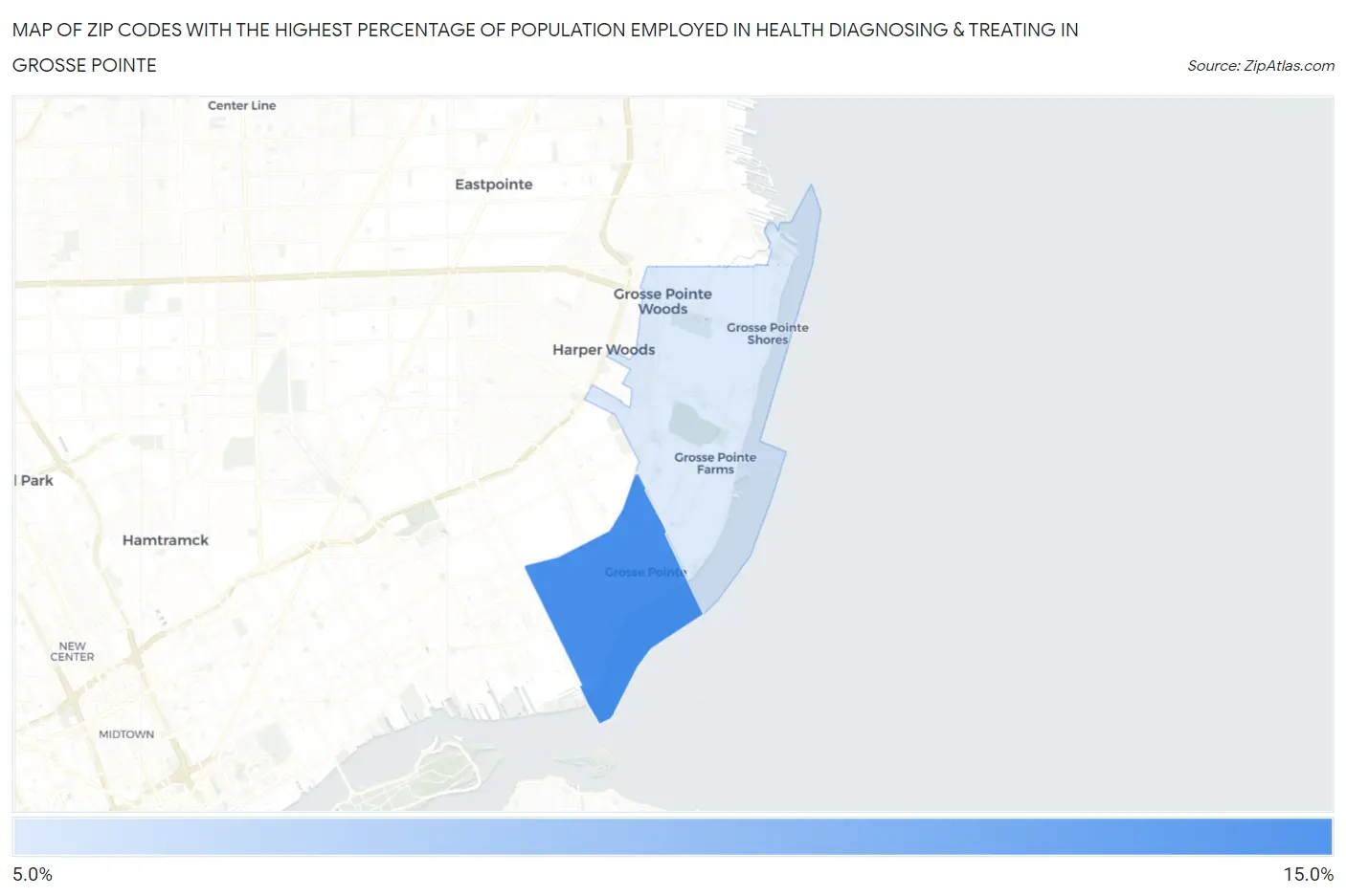 Zip Codes with the Highest Percentage of Population Employed in Health Diagnosing & Treating in Grosse Pointe Map