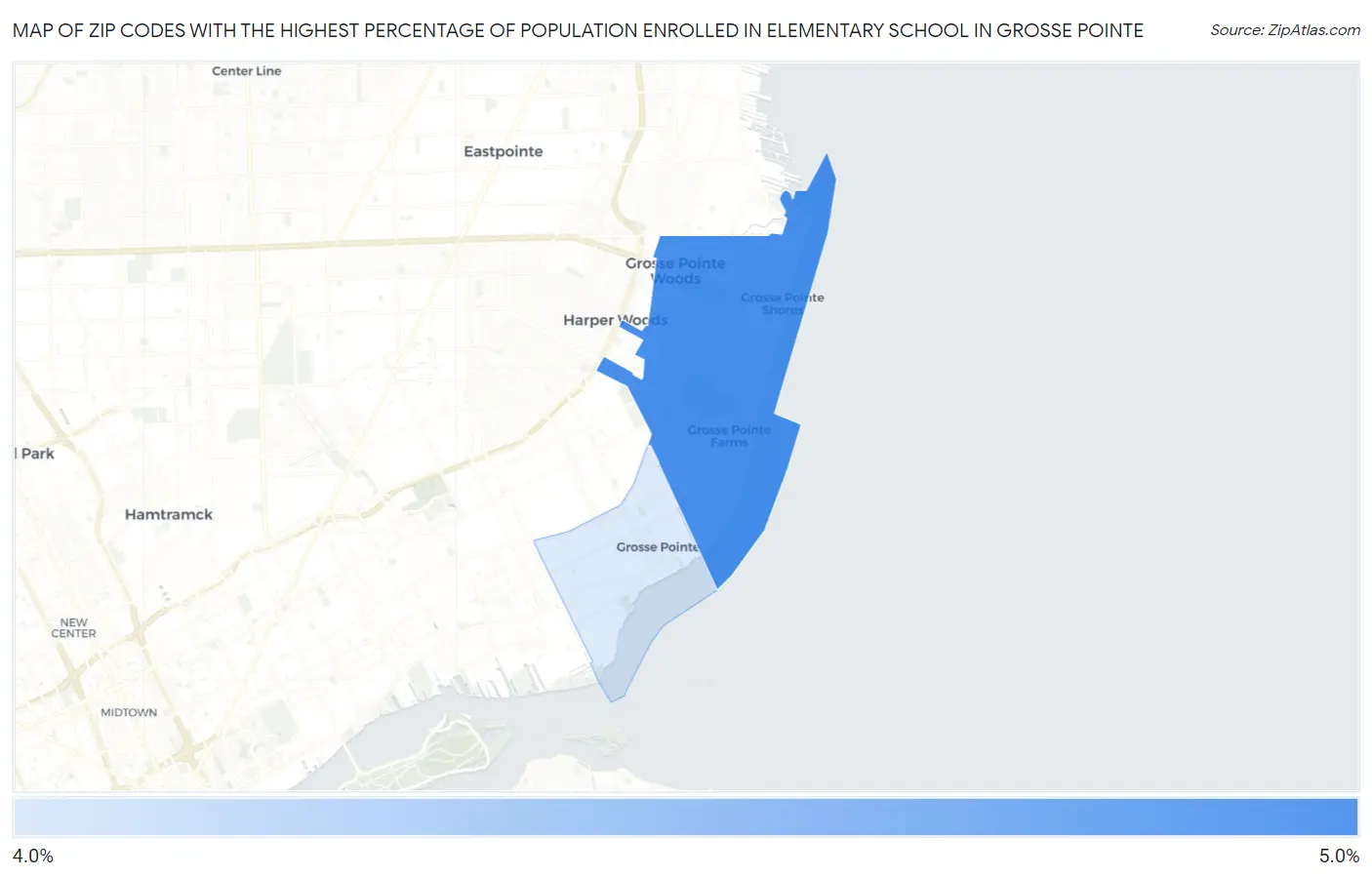 Zip Codes with the Highest Percentage of Population Enrolled in Elementary School in Grosse Pointe Map