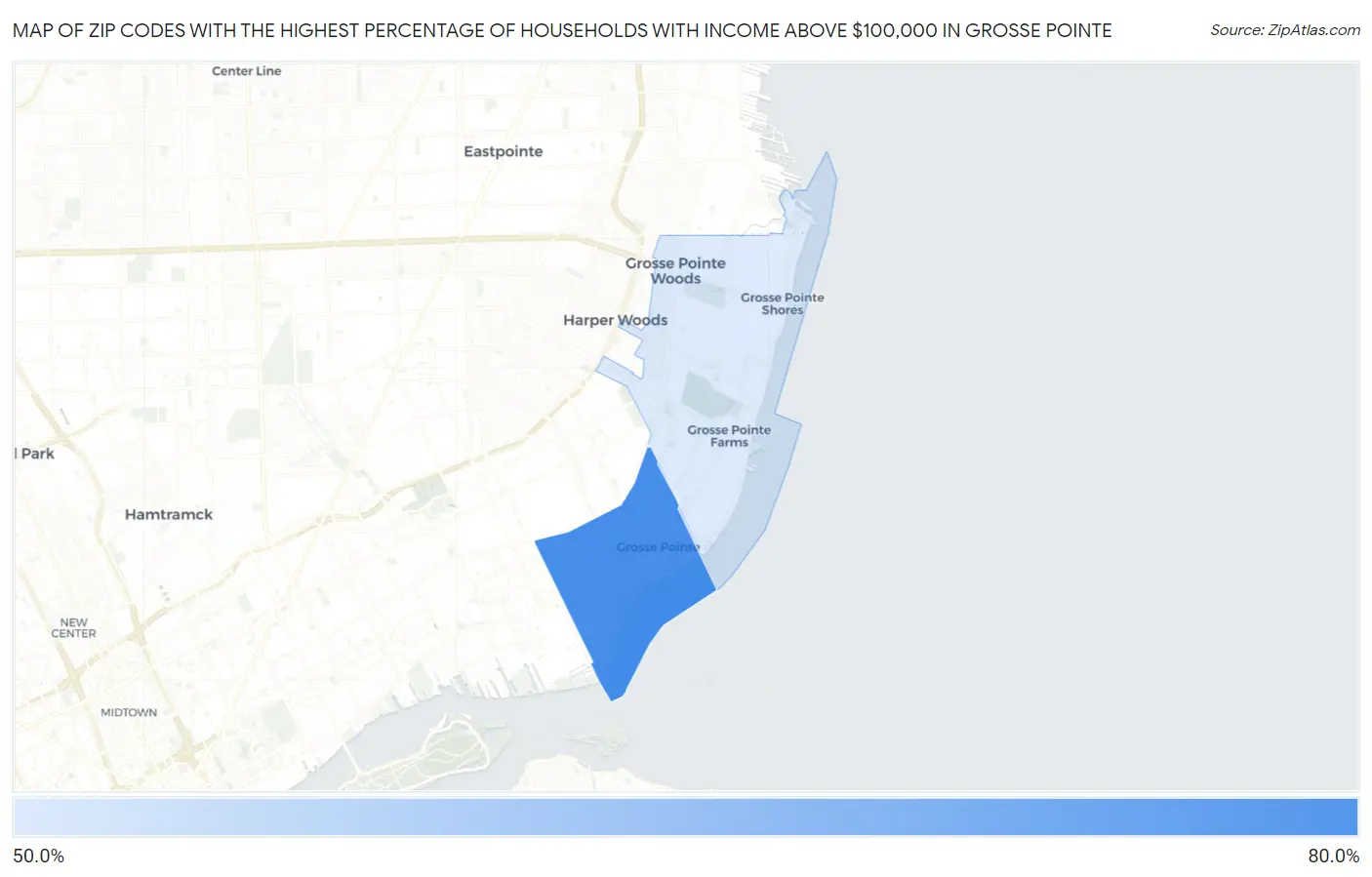 Zip Codes with the Highest Percentage of Households with Income Above $100,000 in Grosse Pointe Map