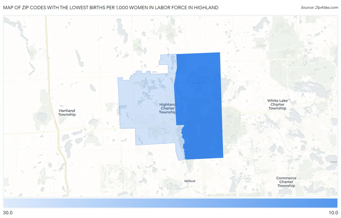 Zip Codes with the Lowest Births per 1,000 Women in Labor Force in Highland Map