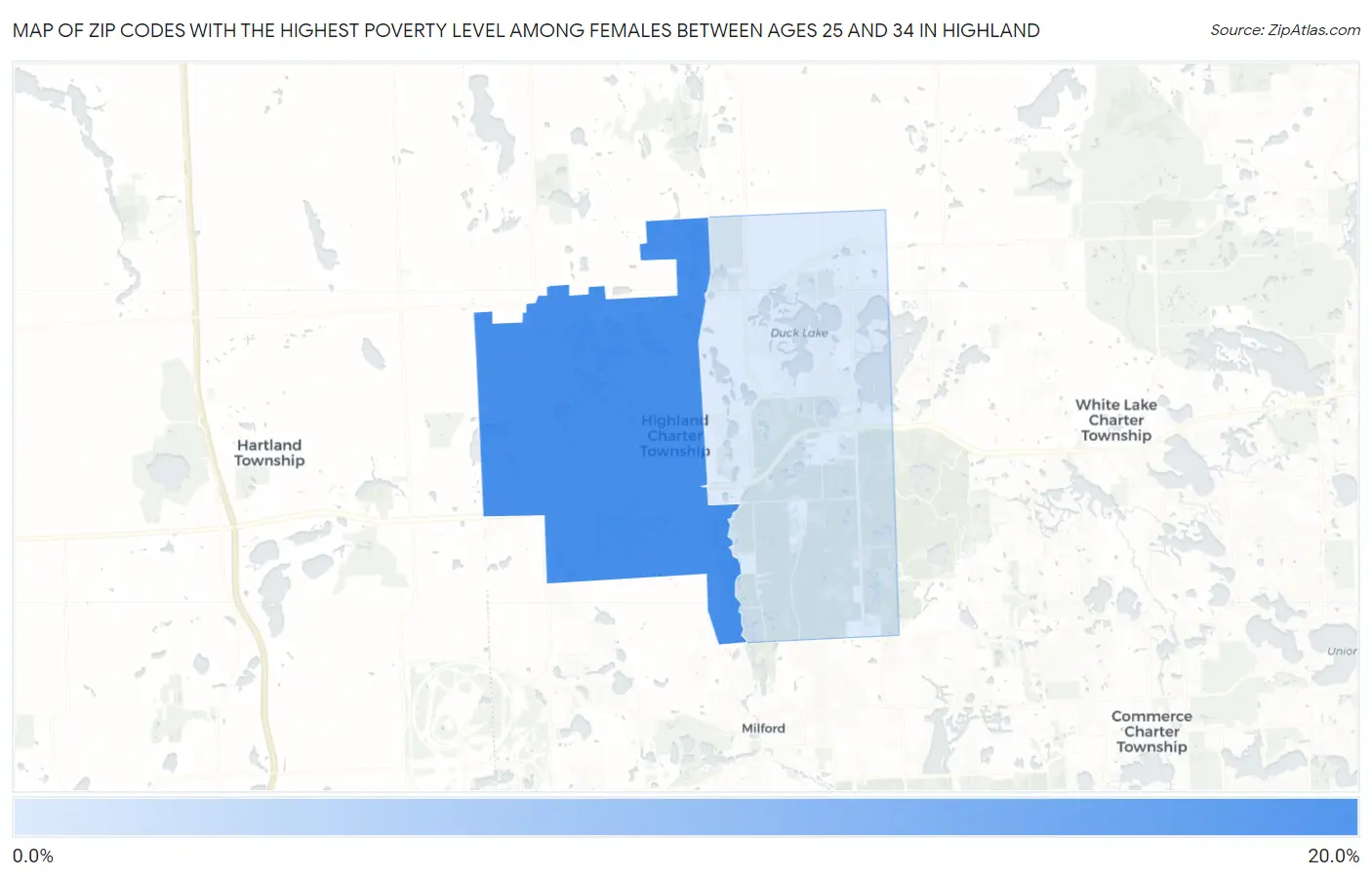 Zip Codes with the Highest Poverty Level Among Females Between Ages 25 and 34 in Highland Map