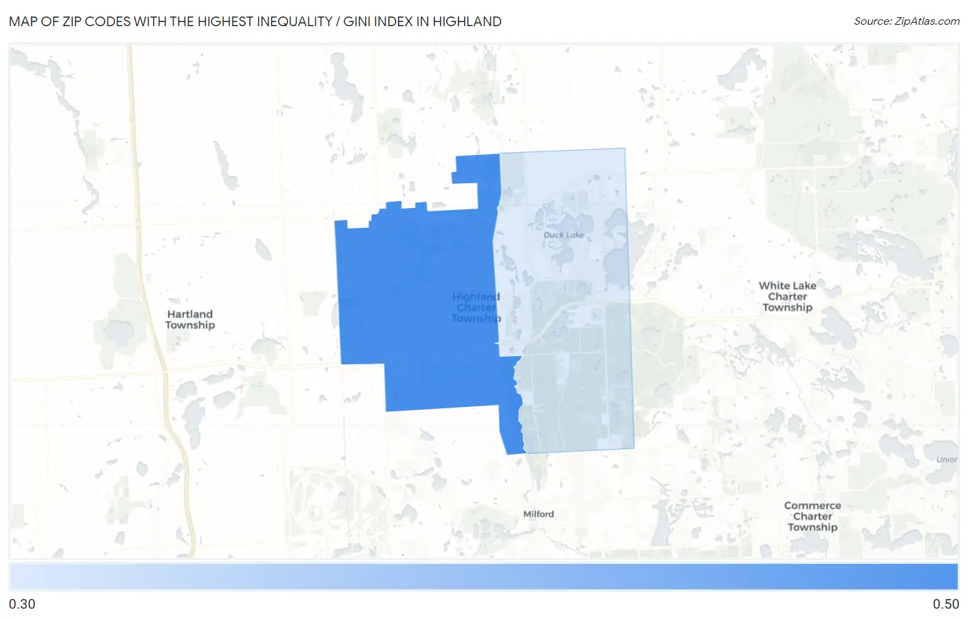 Zip Codes with the Highest Inequality / Gini Index in Highland Map