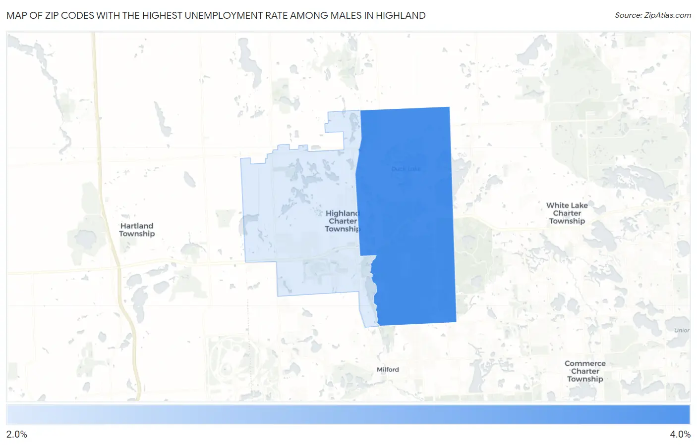 Zip Codes with the Highest Unemployment Rate Among Males in Highland Map