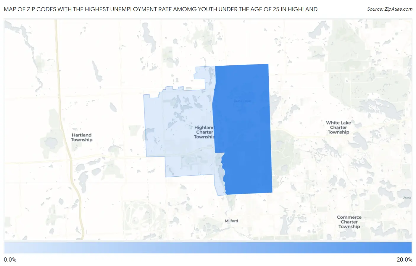 Zip Codes with the Highest Unemployment Rate Amomg Youth Under the Age of 25 in Highland Map
