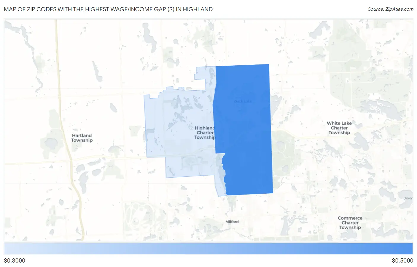 Zip Codes with the Highest Wage/Income Gap ($) in Highland Map