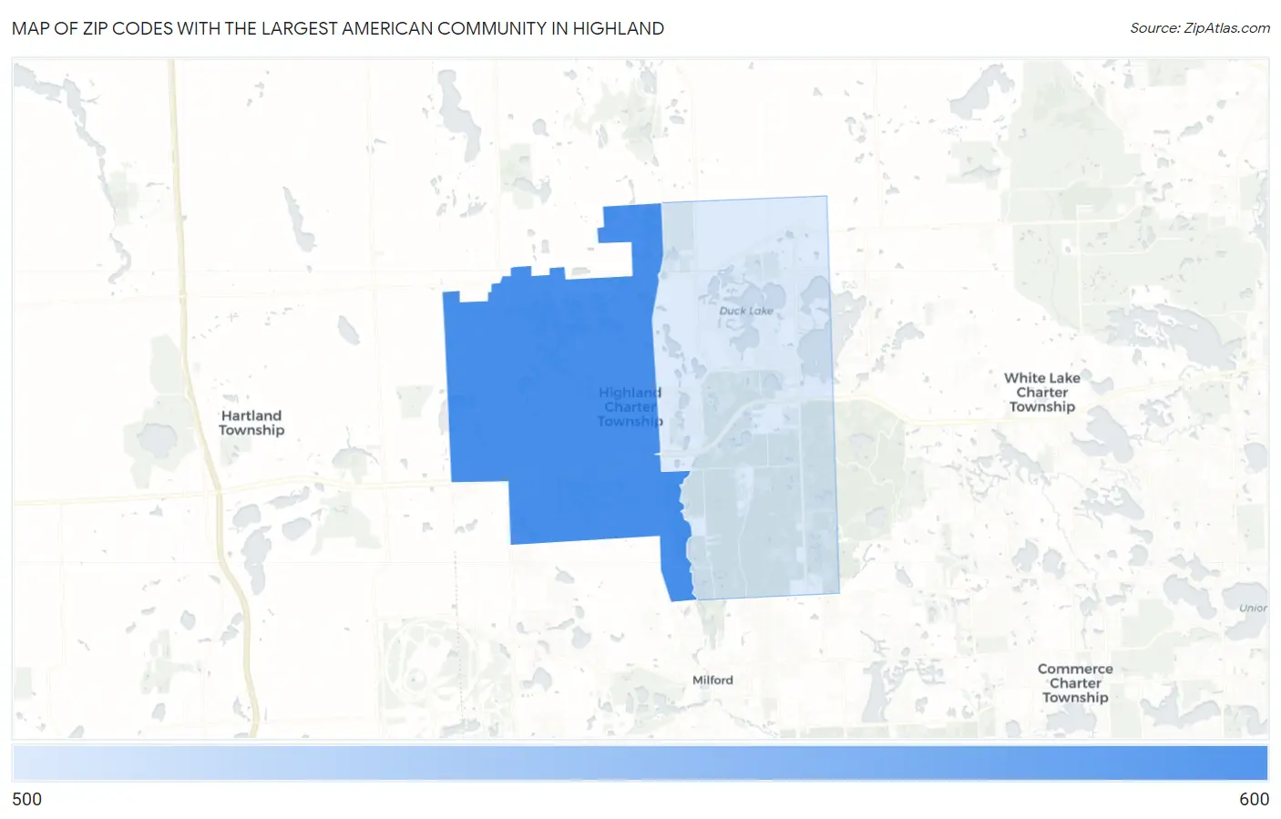 Zip Codes with the Largest American Community in Highland Map