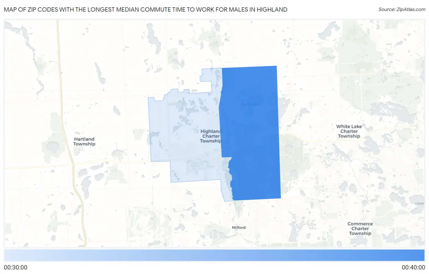 Zip Codes with the Longest Median Commute Time to Work for Males in Highland Map