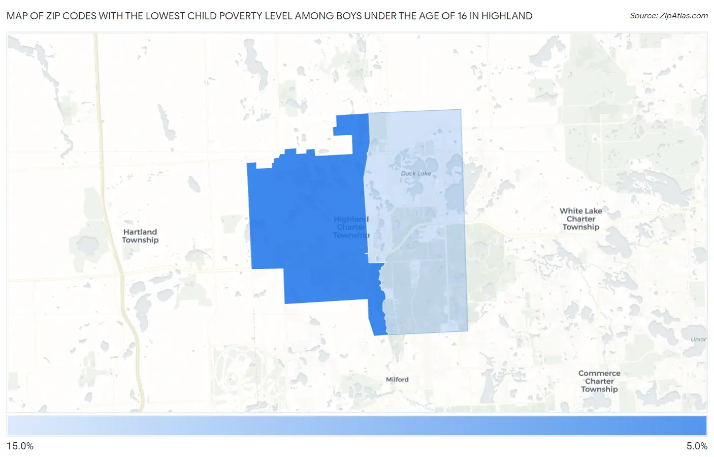 Zip Codes with the Lowest Child Poverty Level Among Boys Under the Age of 16 in Highland Map
