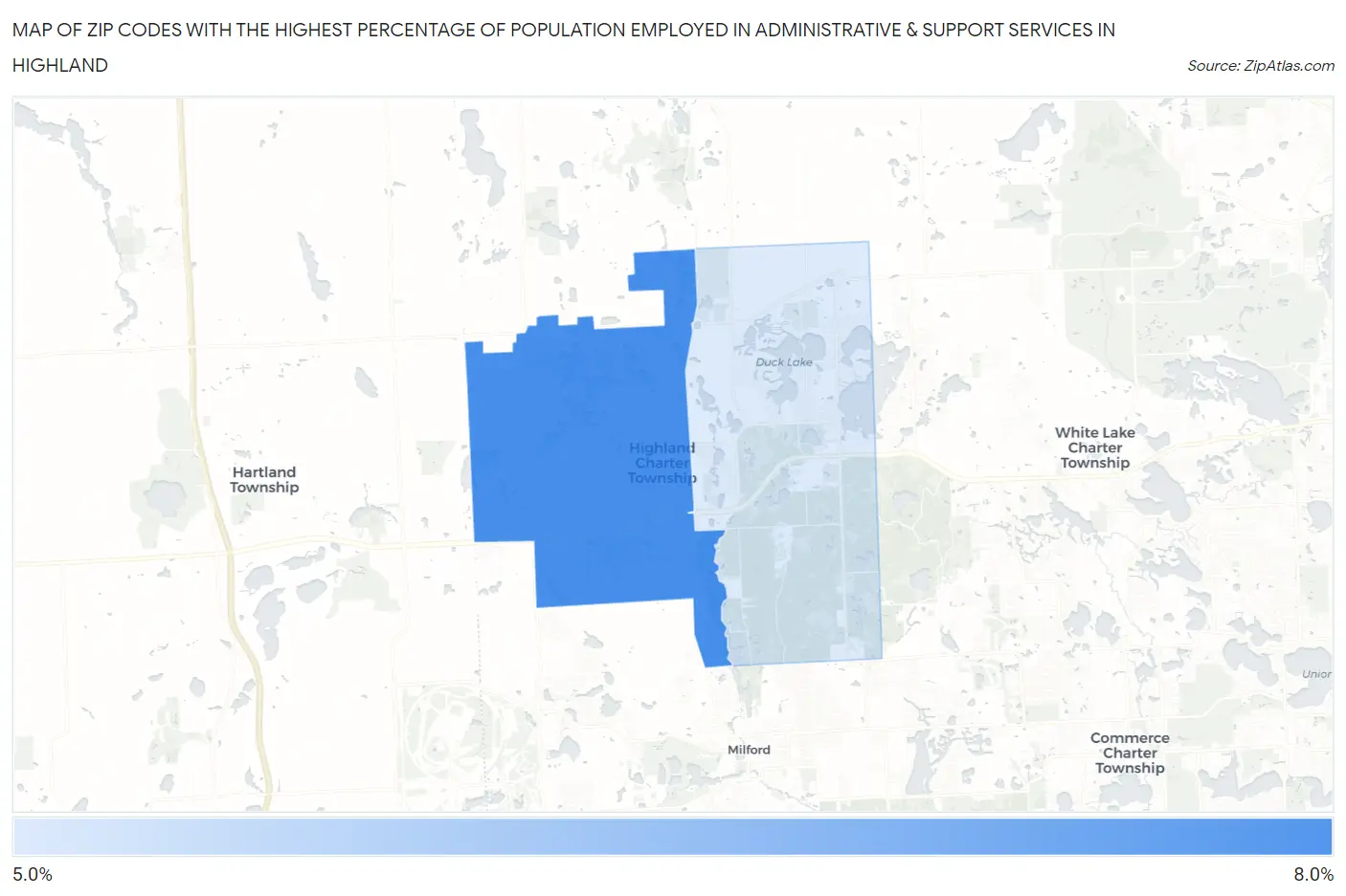 Zip Codes with the Highest Percentage of Population Employed in Administrative & Support Services in Highland Map
