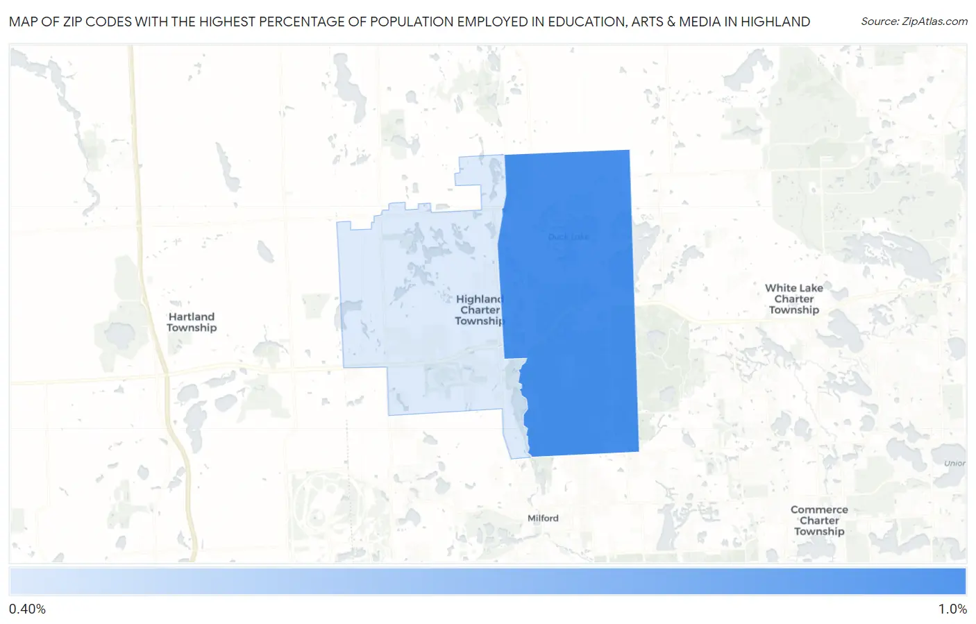 Zip Codes with the Highest Percentage of Population Employed in Education, Arts & Media in Highland Map