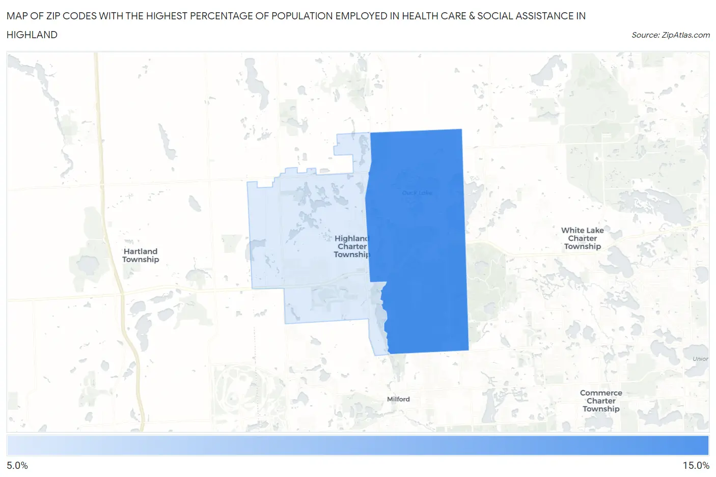 Zip Codes with the Highest Percentage of Population Employed in Health Care & Social Assistance in Highland Map