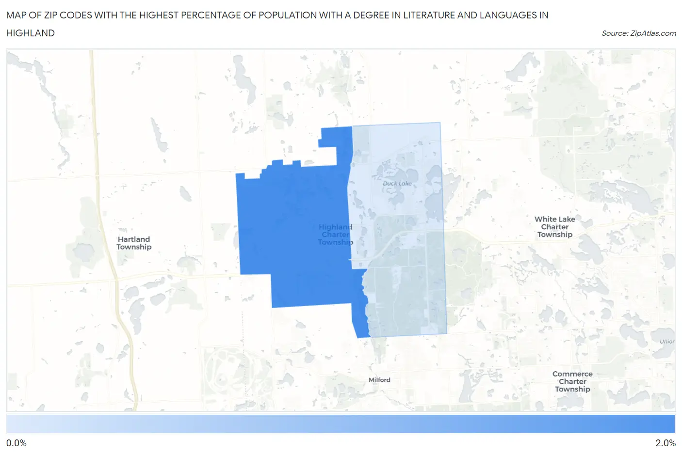 Zip Codes with the Highest Percentage of Population with a Degree in Literature and Languages in Highland Map