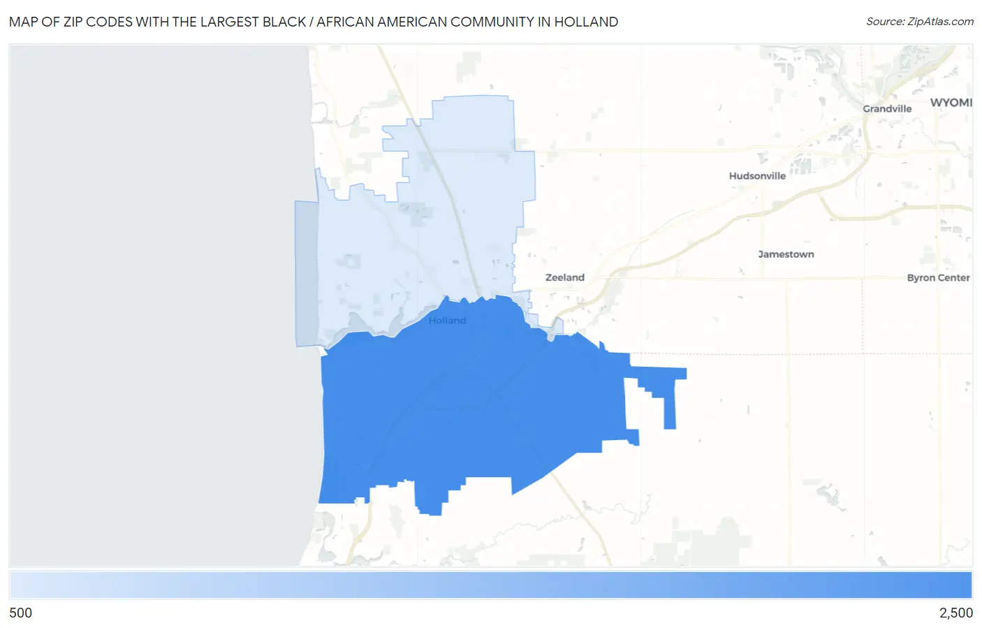 Zip Codes with the Largest Black / African American Community in Holland Map