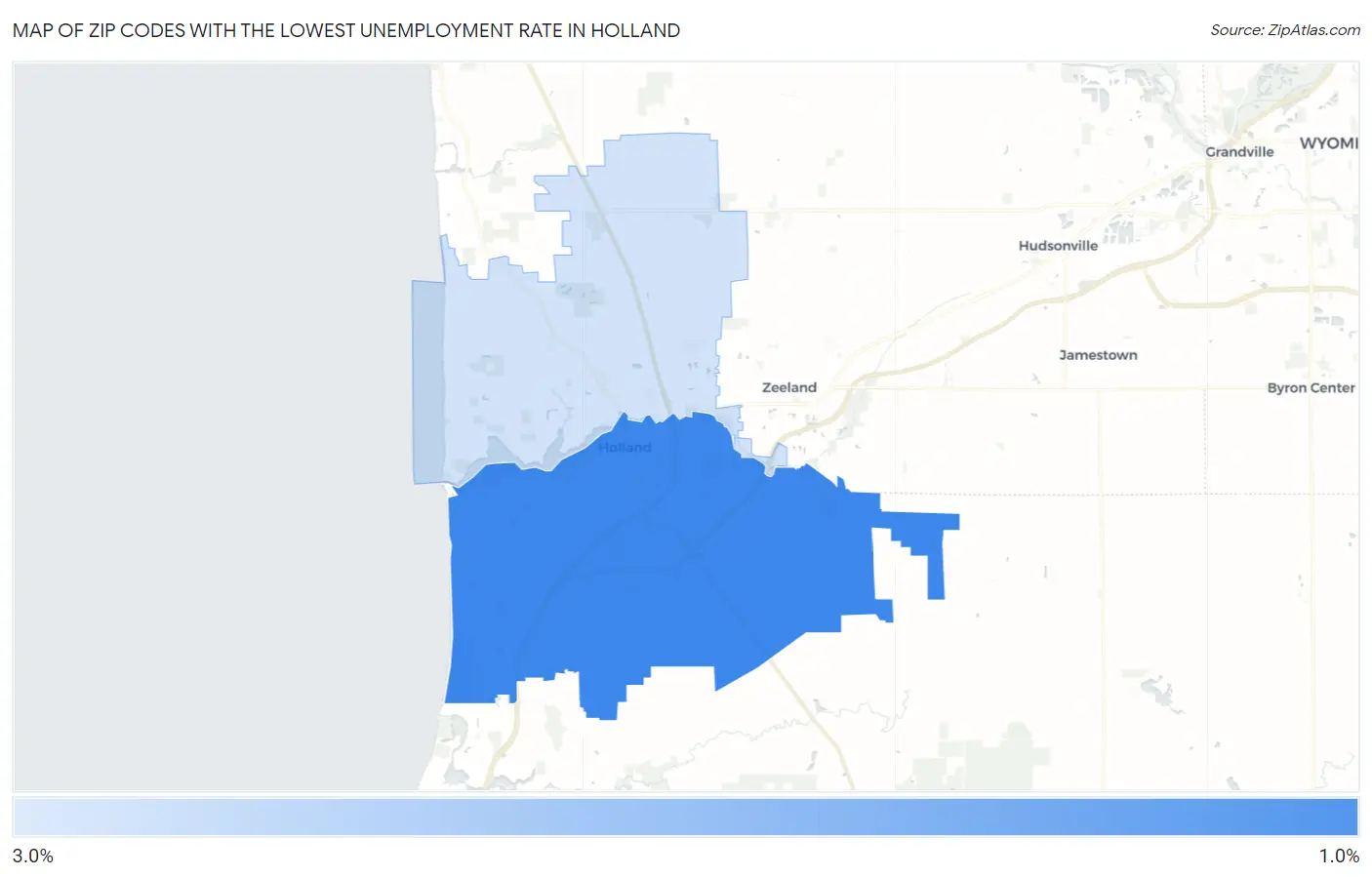 Zip Codes with the Lowest Unemployment Rate in Holland Map