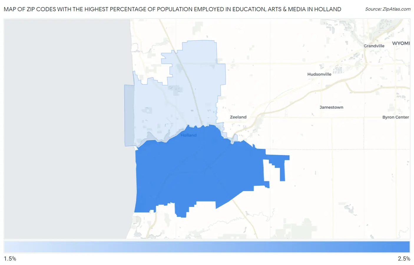 Zip Codes with the Highest Percentage of Population Employed in Education, Arts & Media in Holland Map
