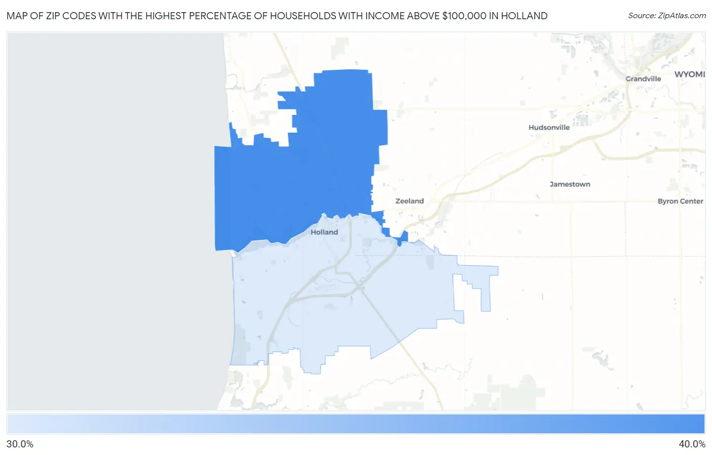 Zip Codes with the Highest Percentage of Households with Income Above $100,000 in Holland Map