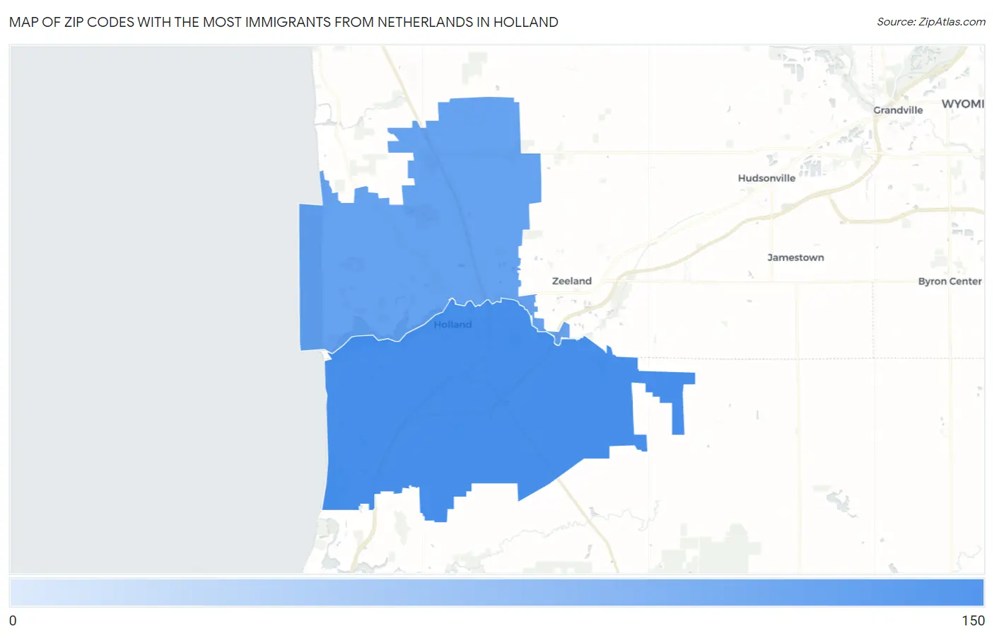 Zip Codes with the Most Immigrants from Netherlands in Holland Map