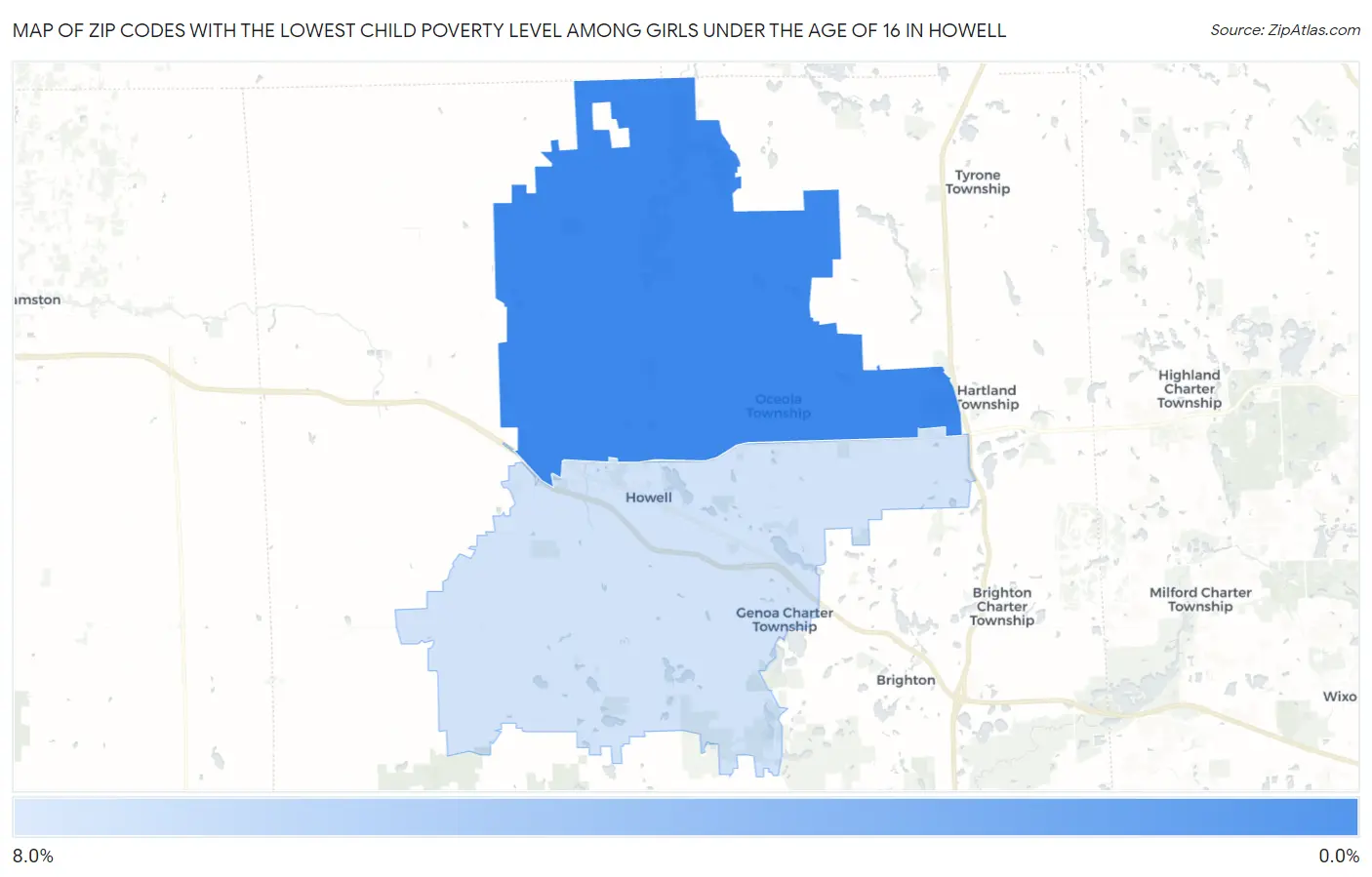 Zip Codes with the Lowest Child Poverty Level Among Girls Under the Age of 16 in Howell Map