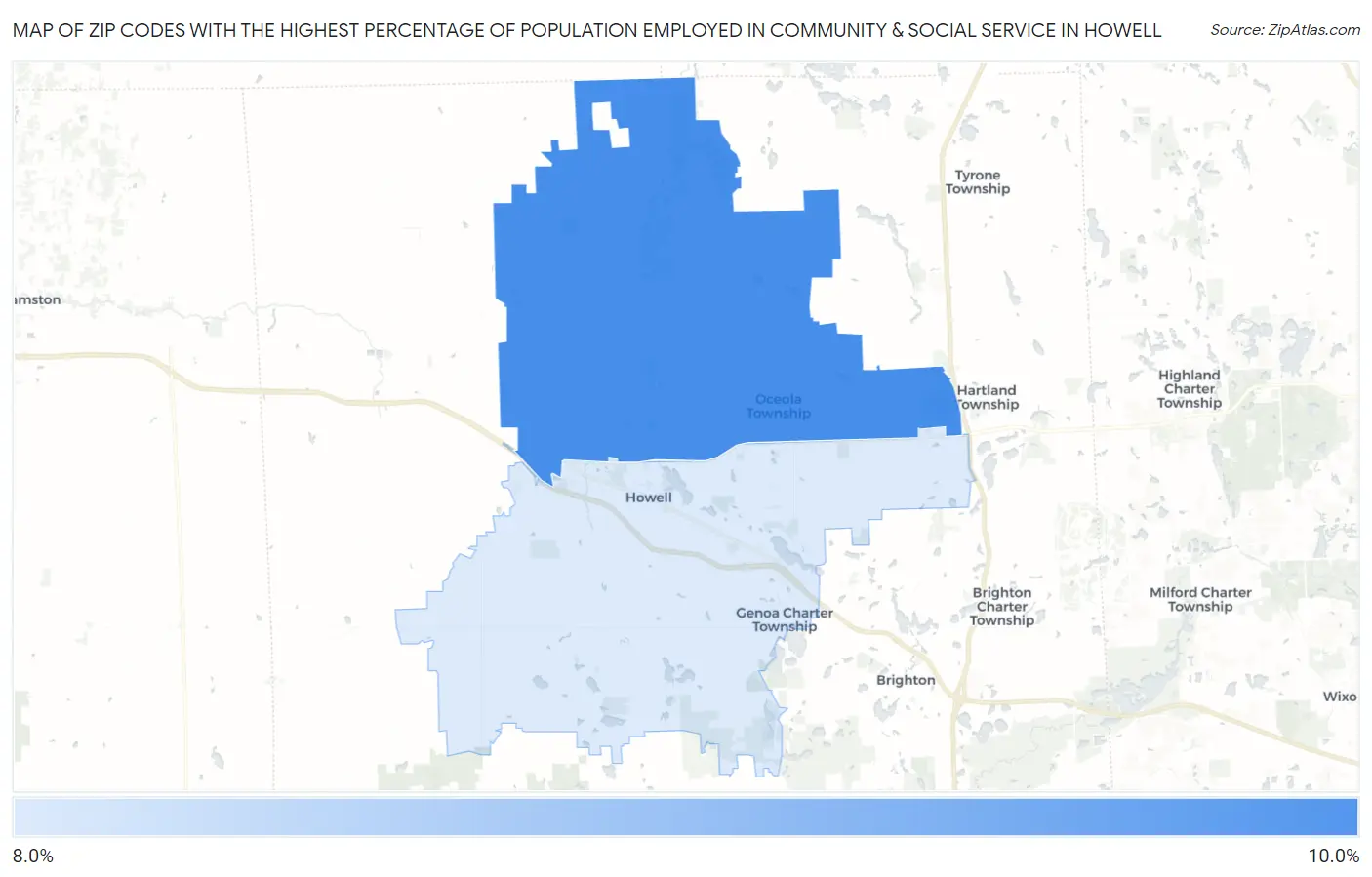 Zip Codes with the Highest Percentage of Population Employed in Community & Social Service  in Howell Map