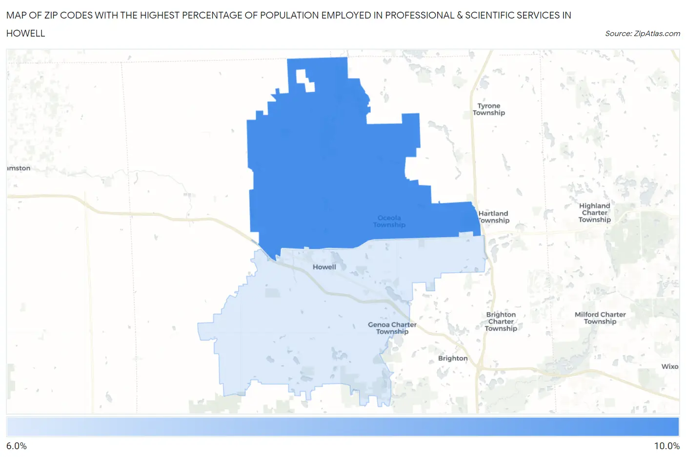 Zip Codes with the Highest Percentage of Population Employed in Professional & Scientific Services in Howell Map