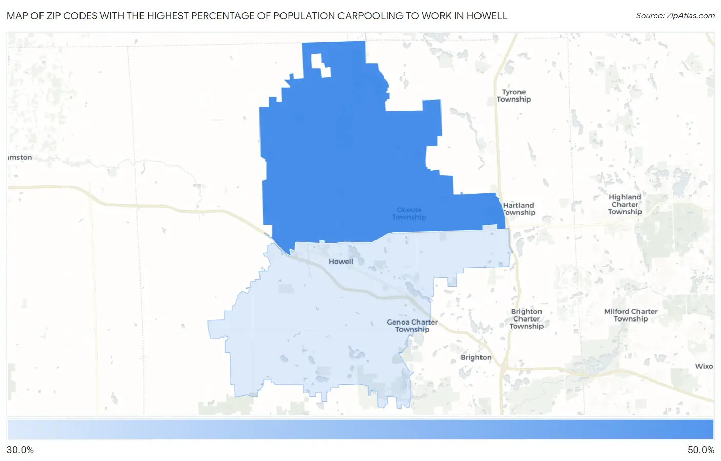Zip Codes with the Highest Percentage of Population Carpooling to Work in Howell Map