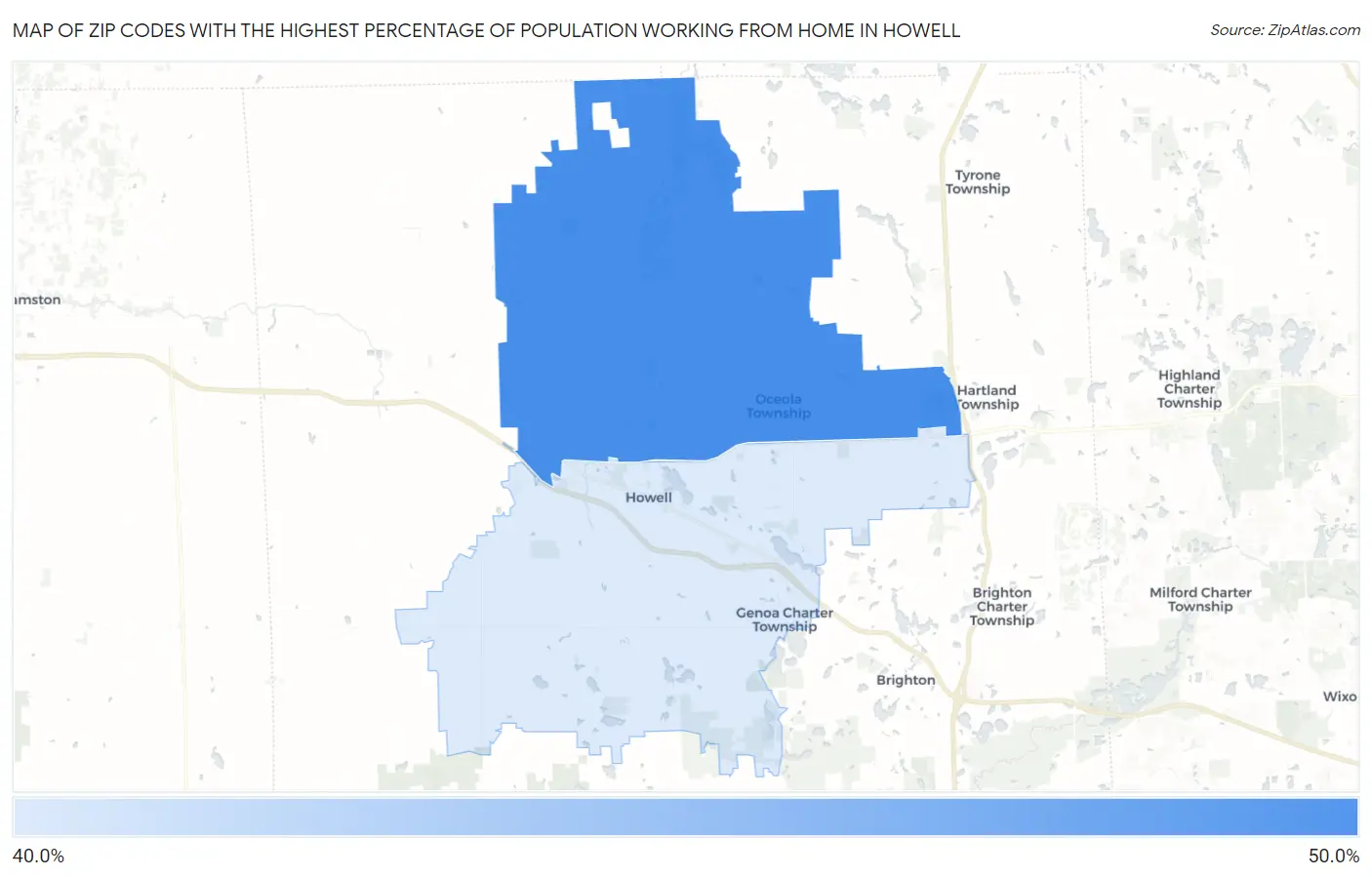 Zip Codes with the Highest Percentage of Population Working from Home in Howell Map