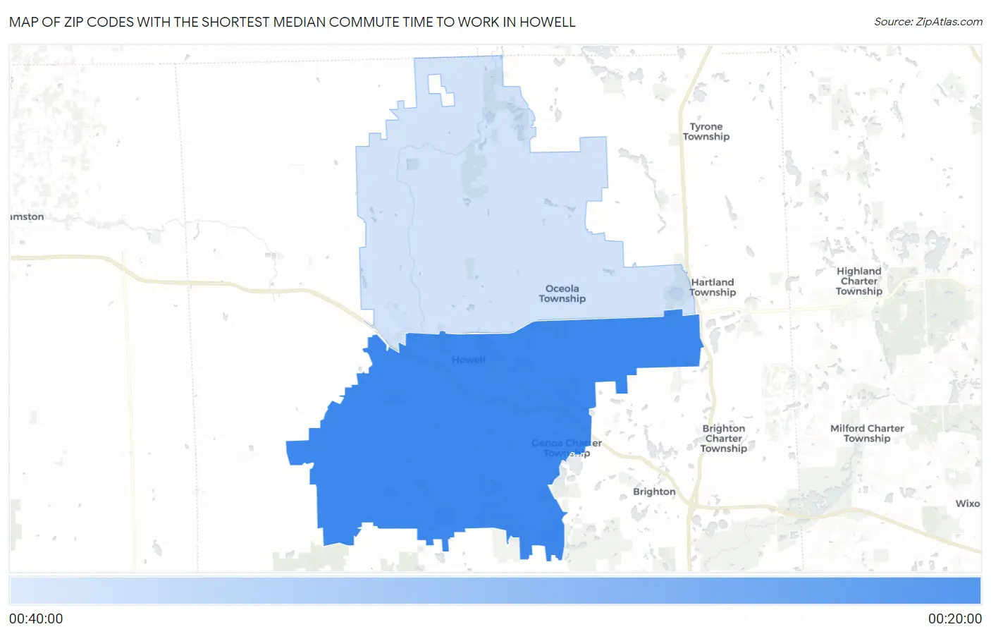 Zip Codes with the Shortest Median Commute Time to Work in Howell Map