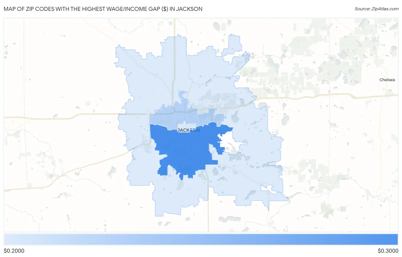 Zip Codes with the Highest Wage/Income Gap ($) in Jackson Map