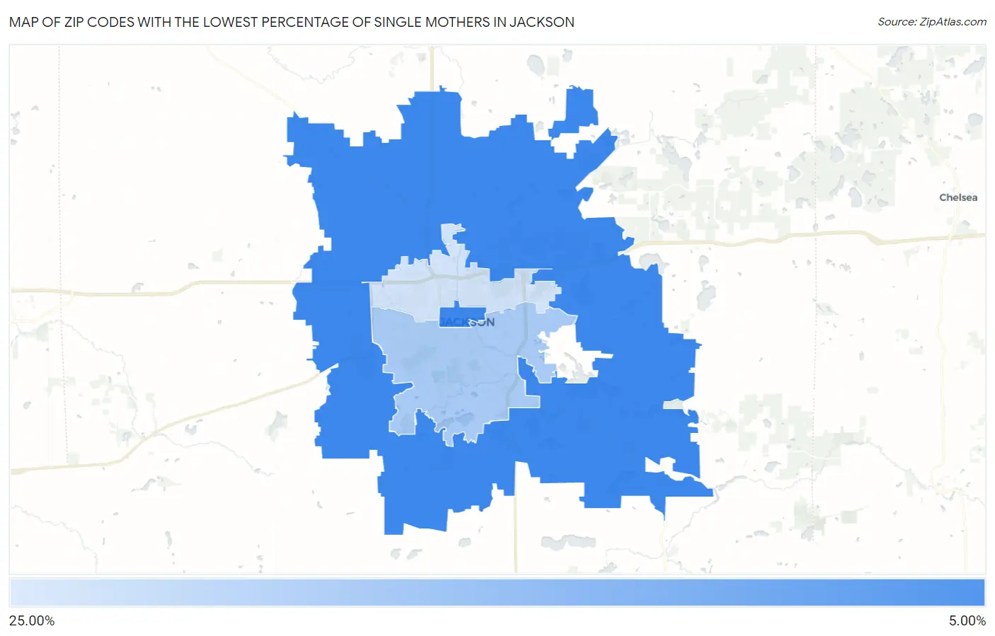 Zip Codes with the Lowest Percentage of Single Mothers in Jackson Map
