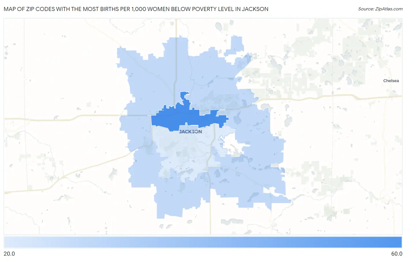 Zip Codes with the Most Births per 1,000 Women Below Poverty Level in Jackson Map