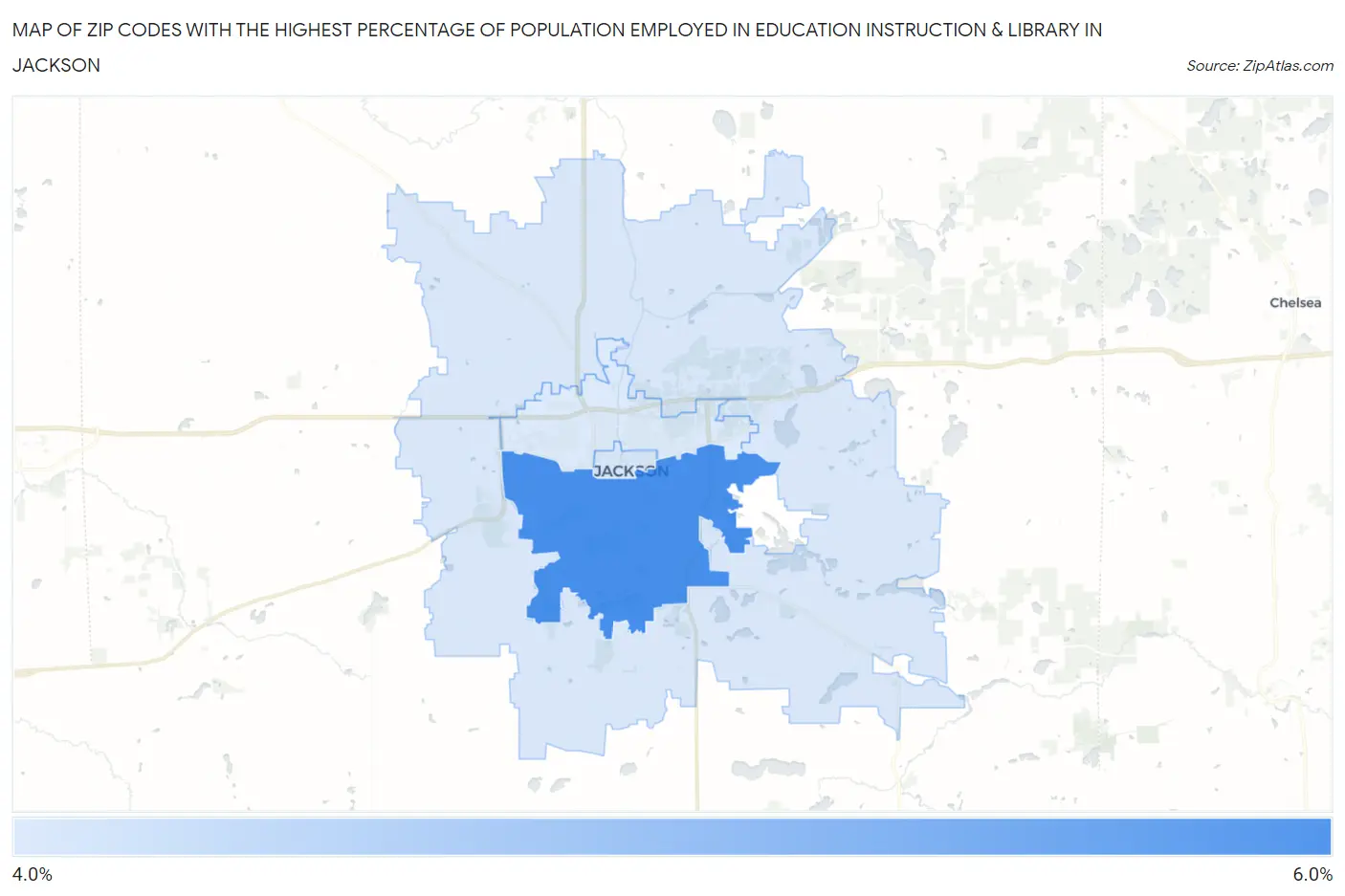 Zip Codes with the Highest Percentage of Population Employed in Education Instruction & Library in Jackson Map