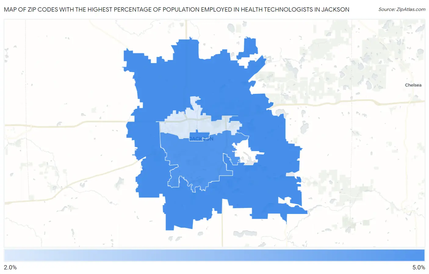 Zip Codes with the Highest Percentage of Population Employed in Health Technologists in Jackson Map