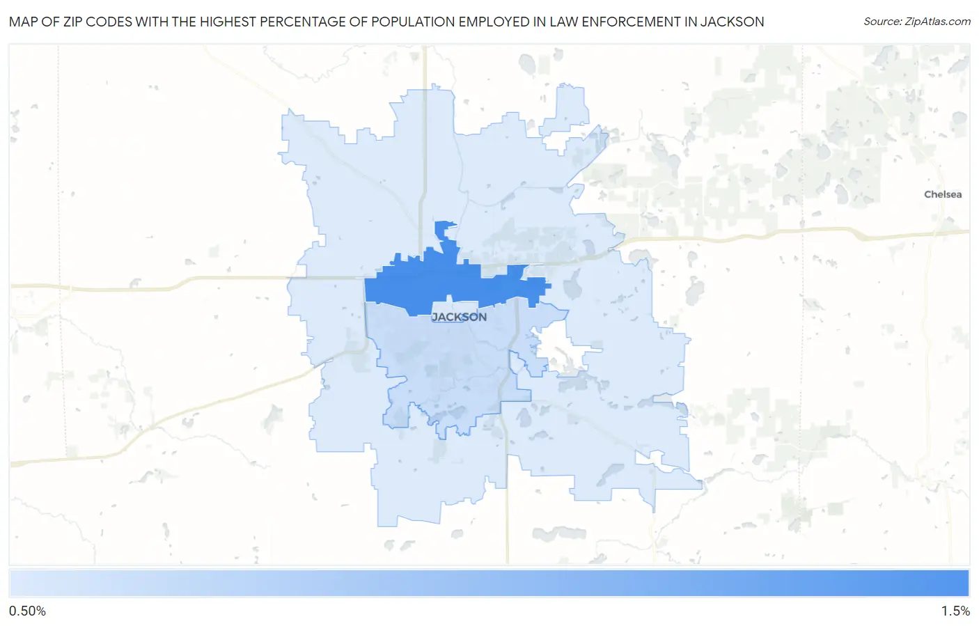 Zip Codes with the Highest Percentage of Population Employed in Law Enforcement in Jackson Map