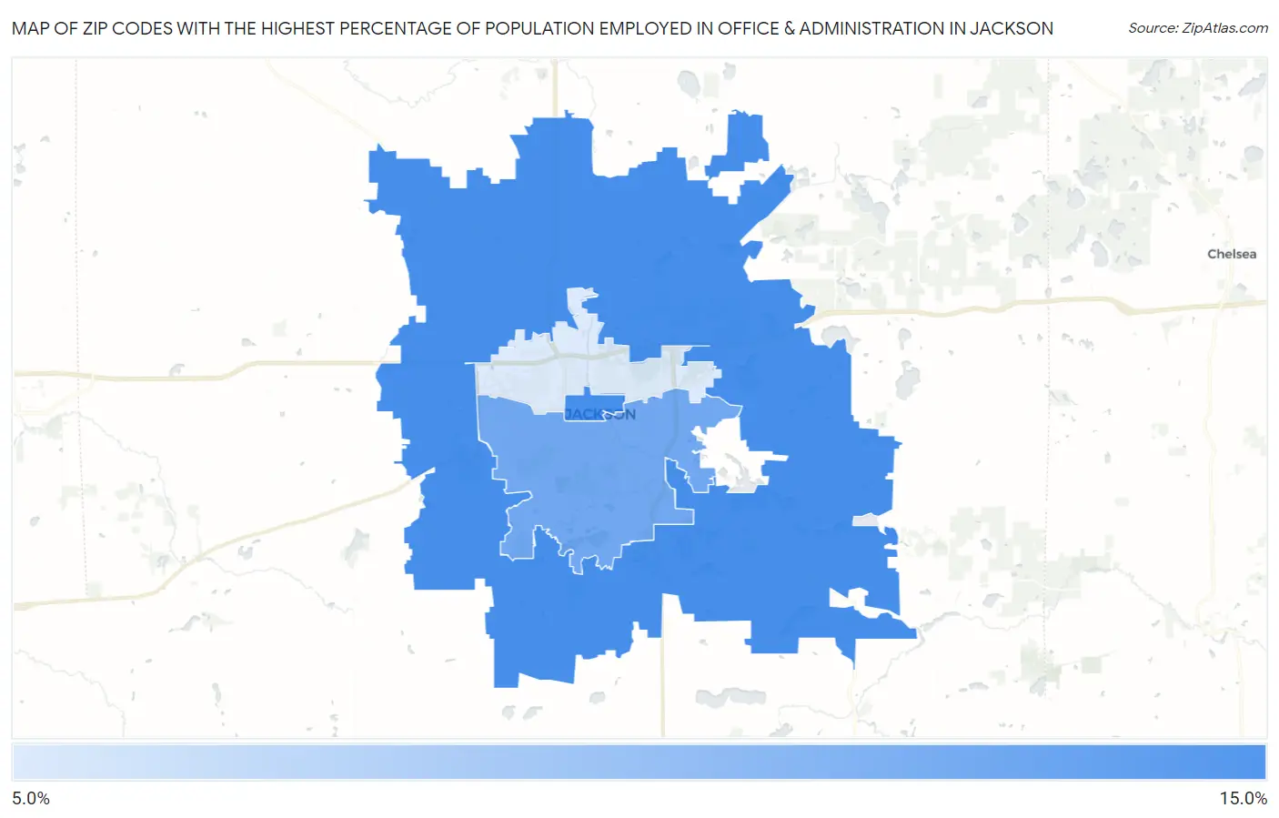 Zip Codes with the Highest Percentage of Population Employed in Office & Administration in Jackson Map