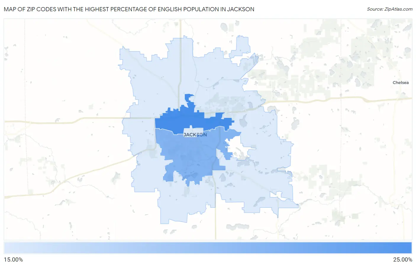 Zip Codes with the Highest Percentage of English Population in Jackson Map