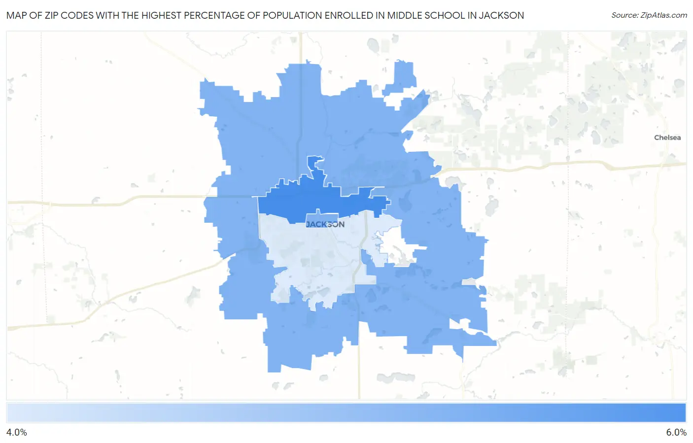 Zip Codes with the Highest Percentage of Population Enrolled in Middle School in Jackson Map