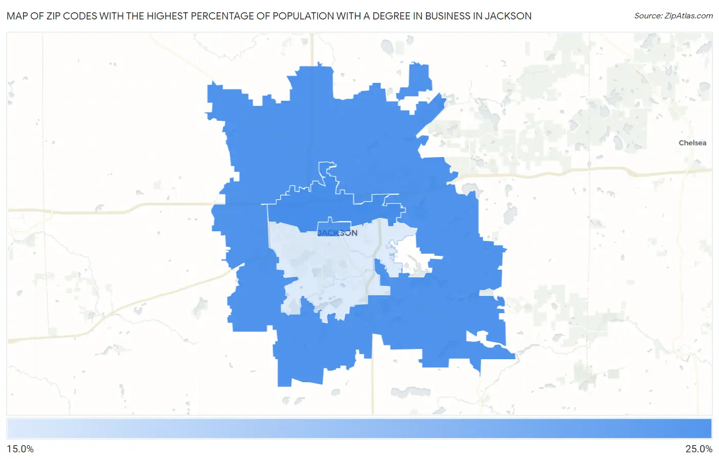 Zip Codes with the Highest Percentage of Population with a Degree in Business in Jackson Map