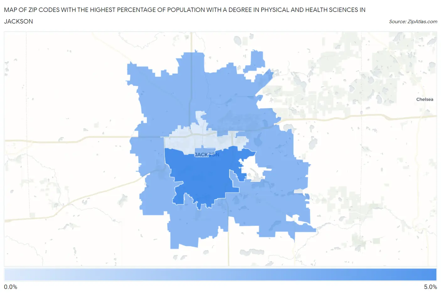 Zip Codes with the Highest Percentage of Population with a Degree in Physical and Health Sciences in Jackson Map