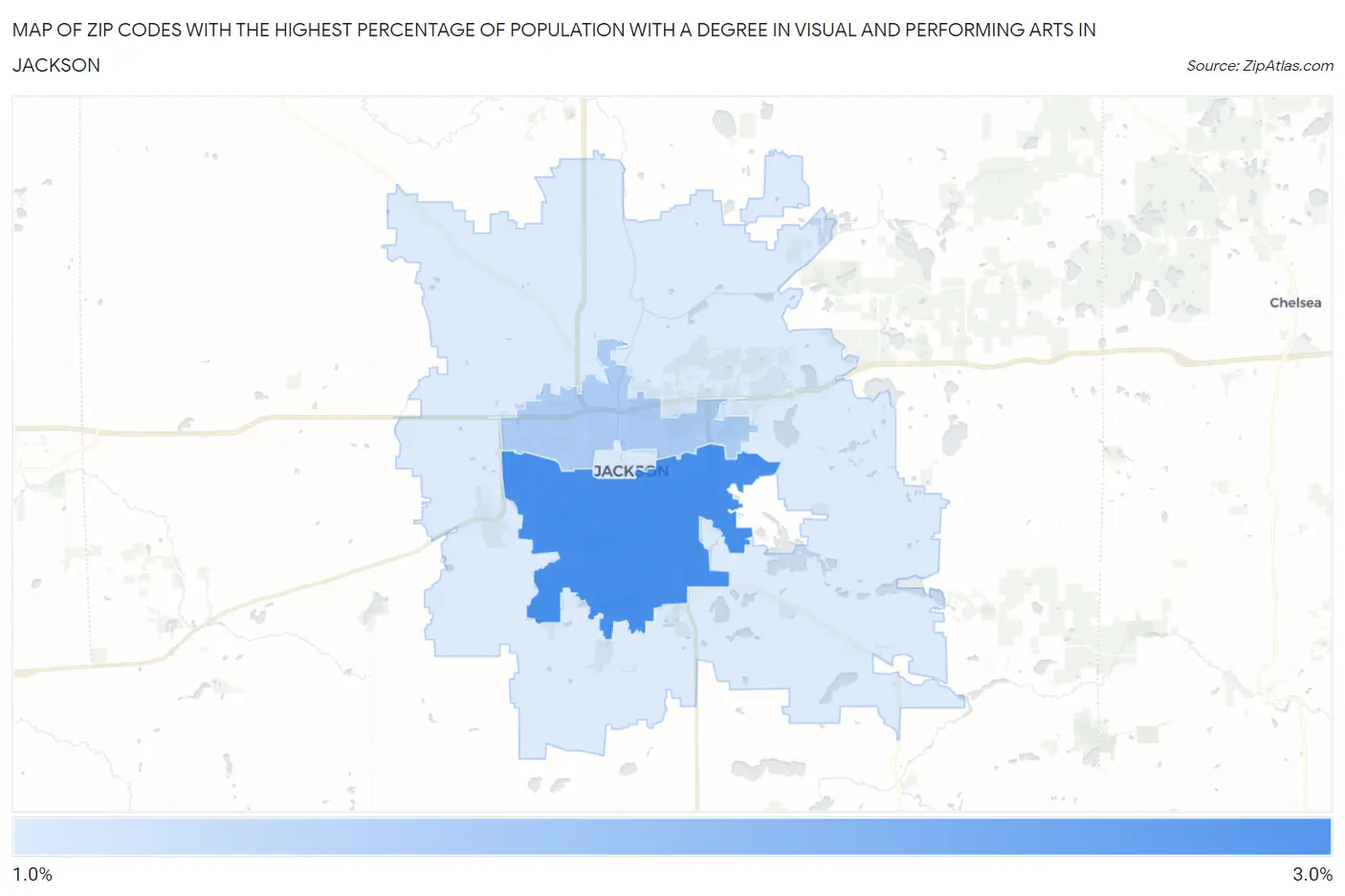 Zip Codes with the Highest Percentage of Population with a Degree in Visual and Performing Arts in Jackson Map