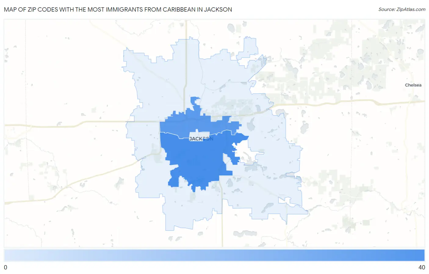 Zip Codes with the Most Immigrants from Caribbean in Jackson Map