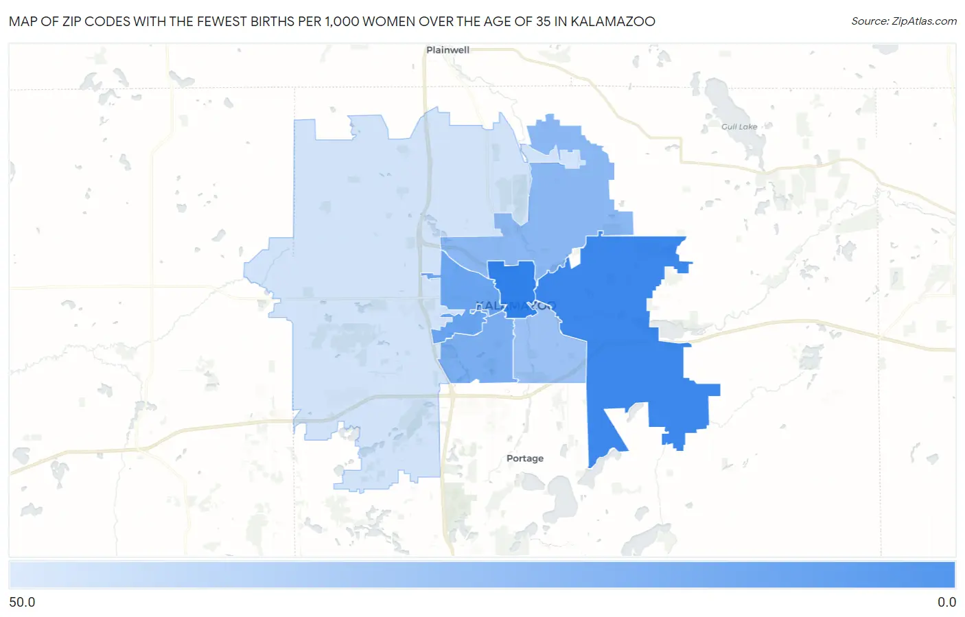 Zip Codes with the Fewest Births per 1,000 Women Over the Age of 35 in Kalamazoo Map