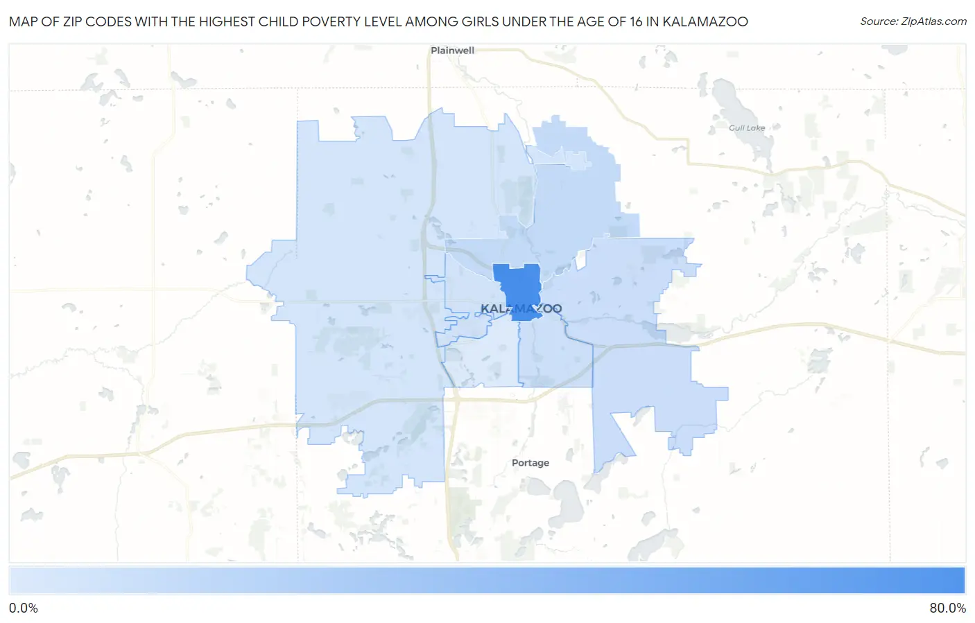 Zip Codes with the Highest Child Poverty Level Among Girls Under the Age of 16 in Kalamazoo Map